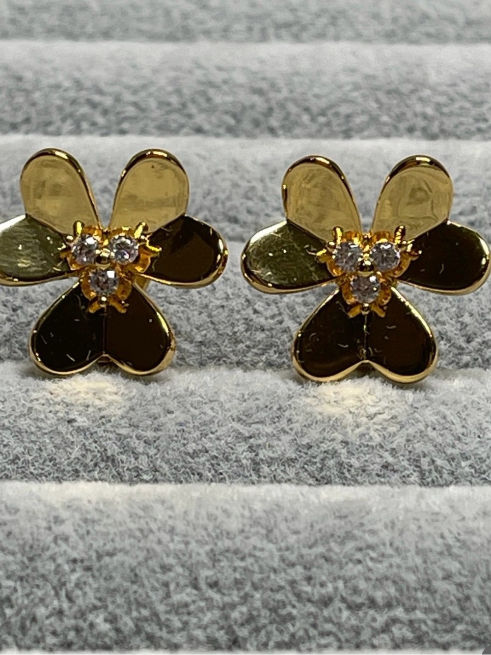 Gold Flower Stud Earrings with Clear Crystal Center